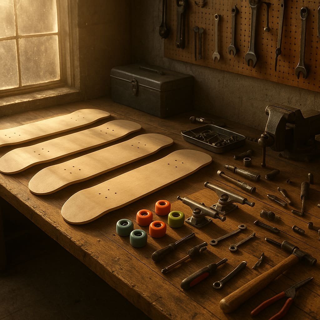 Werkstatt mit Skateboard Decks, Achsen und Rollen