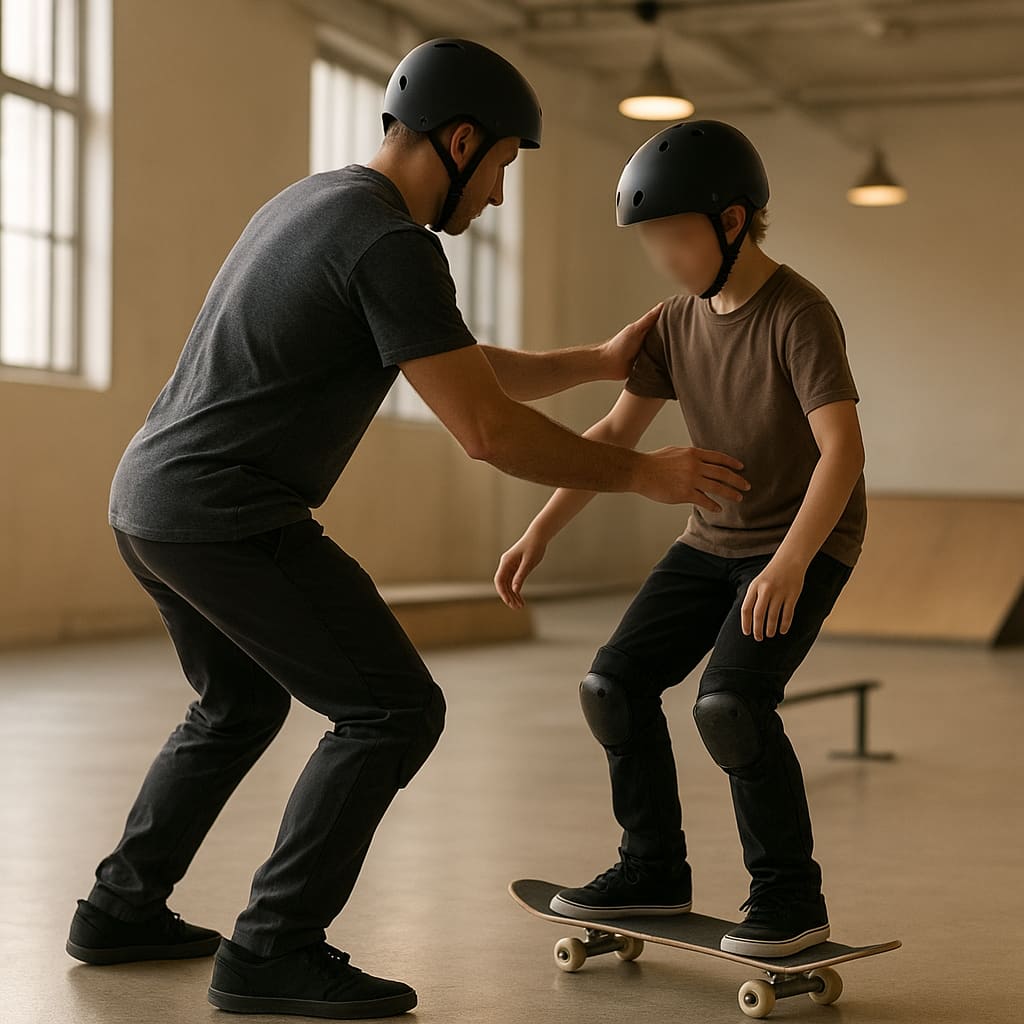 Einsteiger-Coaching mit Grundhaltung auf dem Skateboard
